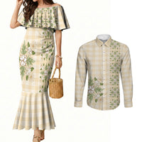 Melemele Ahiahia Hawai'i Palaka Squares Maile Leaf Couples Matching Mermaid Dress and Long Sleeve Button Shirt Flowers Hawaiian Quilt Patterns LT9 Pastel Yellow - Polynesian Pride