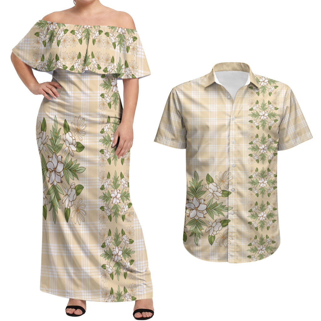Melemele Ahiahia Hawai'i Palaka Squares Maile Leaf Couples Matching Off Shoulder Maxi Dress and Hawaiian Shirt Flowers Hawaiian Quilt Patterns LT9 Pastel Yellow - Polynesian Pride