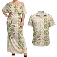 Melemele Ahiahia Hawai'i Palaka Squares Maile Leaf Couples Matching Off Shoulder Maxi Dress and Hawaiian Shirt Flowers Hawaiian Quilt Patterns LT9 Pastel Yellow - Polynesian Pride