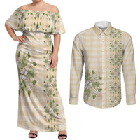 Melemele Ahiahia Hawai'i Palaka Squares Maile Leaf Couples Matching Off Shoulder Maxi Dress and Long Sleeve Button Shirt Flowers Hawaiian Quilt Patterns LT9 Pastel Yellow - Polynesian Pride