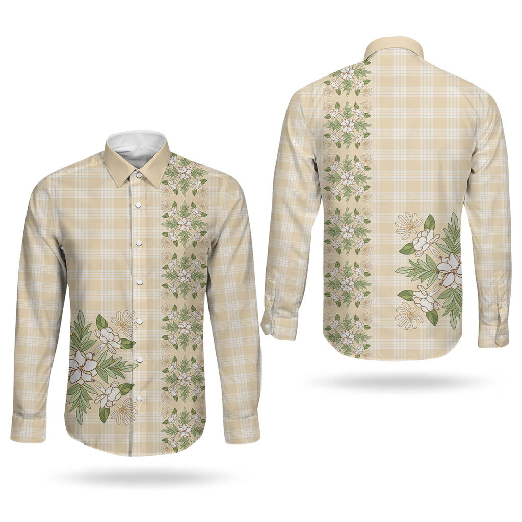 Melemele Ahiahia Hawai'i Palaka Squares Maile Leaf Couples Matching Off Shoulder Maxi Dress and Long Sleeve Button Shirt Flowers Hawaiian Quilt Patterns LT9 - Polynesian Pride