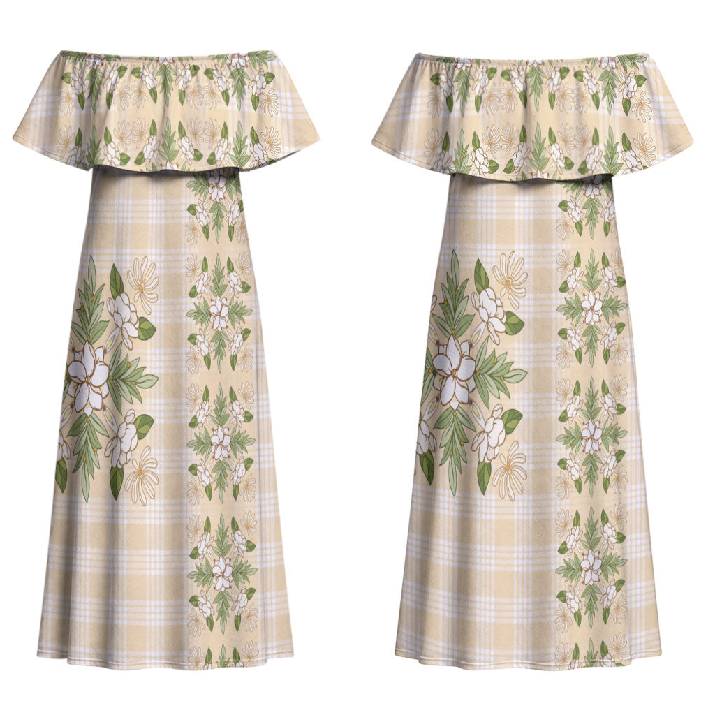 Melemele Ahiahia Hawai'i Palaka Squares Maile Leaf Couples Matching Off Shoulder Maxi Dress and Long Sleeve Button Shirt Flowers Hawaiian Quilt Patterns LT9 - Polynesian Pride
