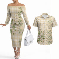 Melemele Ahiahia Hawai'i Palaka Squares Maile Leaf Couples Matching Off The Shoulder Long Sleeve Dress and Hawaiian Shirt Flowers Hawaiian Quilt Patterns LT9 Pastel Yellow - Polynesian Pride