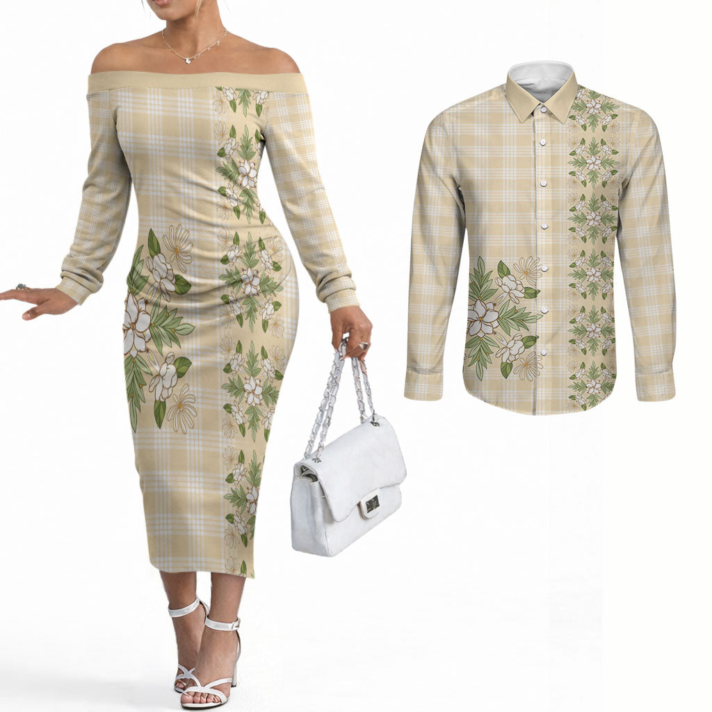 Melemele Ahiahia Hawai'i Palaka Squares Maile Leaf Couples Matching Off The Shoulder Long Sleeve Dress and Long Sleeve Button Shirt Flowers Hawaiian Quilt Patterns LT9 Pastel Yellow - Polynesian Pride