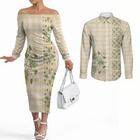 Melemele Ahiahia Hawai'i Palaka Squares Maile Leaf Couples Matching Off The Shoulder Long Sleeve Dress and Long Sleeve Button Shirt Flowers Hawaiian Quilt Patterns LT9 Pastel Yellow - Polynesian Pride