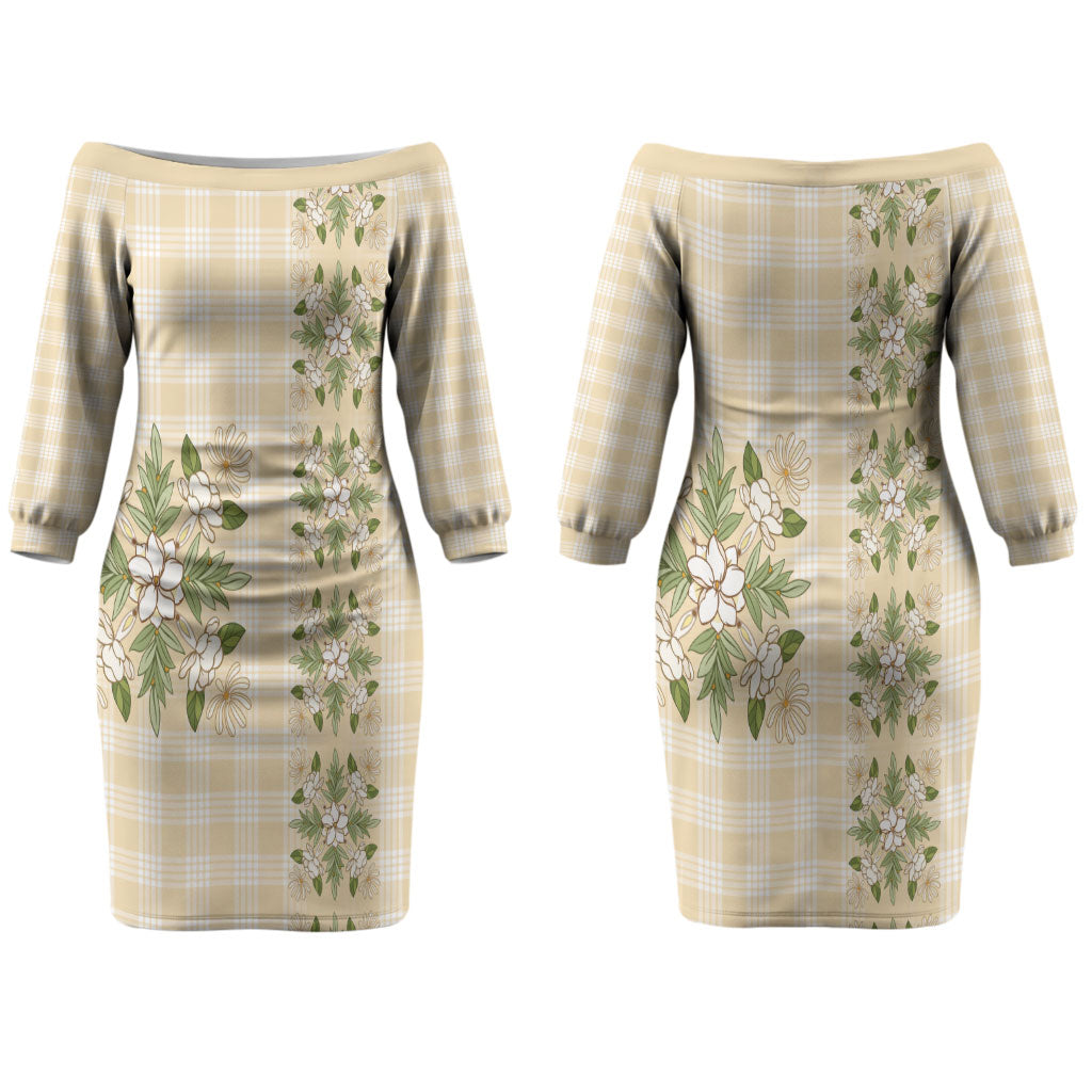 Melemele Ahiahia Hawai'i Palaka Squares Maile Leaf Couples Matching Off The Shoulder Long Sleeve Dress and Long Sleeve Button Shirt Flowers Hawaiian Quilt Patterns LT9 - Polynesian Pride