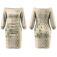 Melemele Ahiahia Hawai'i Palaka Squares Maile Leaf Couples Matching Off The Shoulder Long Sleeve Dress and Long Sleeve Button Shirt Flowers Hawaiian Quilt Patterns LT9 - Polynesian Pride
