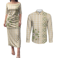 Melemele Ahiahia Hawai'i Palaka Squares Maile Leaf Couples Matching Puletasi and Long Sleeve Button Shirt Flowers Hawaiian Quilt Patterns LT9 Pastel Yellow - Polynesian Pride