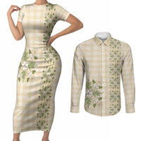 Melemele Ahiahia Hawai'i Palaka Squares Maile Leaf Couples Matching Short Sleeve Bodycon Dress and Long Sleeve Button Shirt Flowers Hawaiian Quilt Patterns LT9 Pastel Yellow - Polynesian Pride