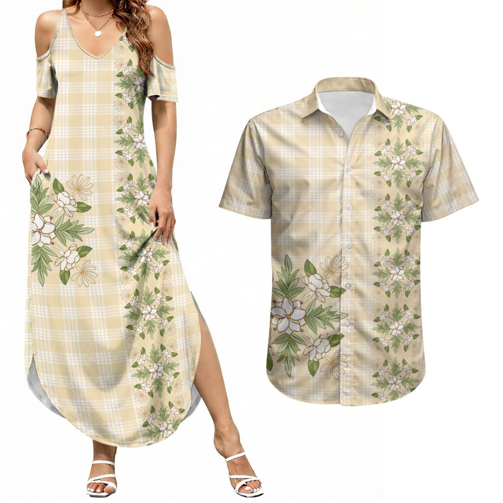 Melemele Ahiahia Hawai'i Palaka Squares Maile Leaf Couples Matching Summer Maxi Dress and Hawaiian Shirt Flowers Hawaiian Quilt Patterns LT9 Pastel Yellow - Polynesian Pride