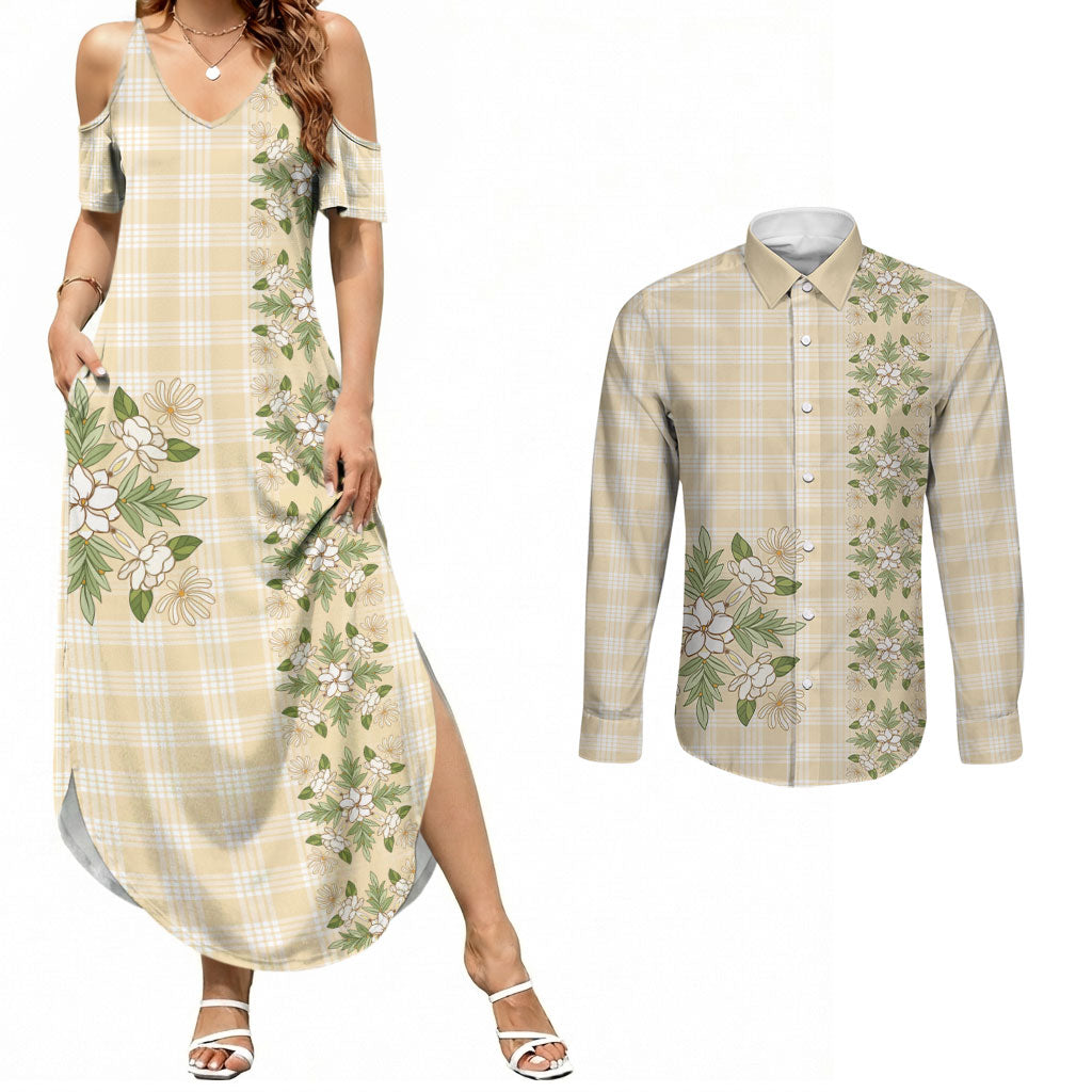 Melemele Ahiahia Hawai'i Palaka Squares Maile Leaf Couples Matching Summer Maxi Dress and Long Sleeve Button Shirt Flowers Hawaiian Quilt Patterns LT9 Pastel Yellow - Polynesian Pride