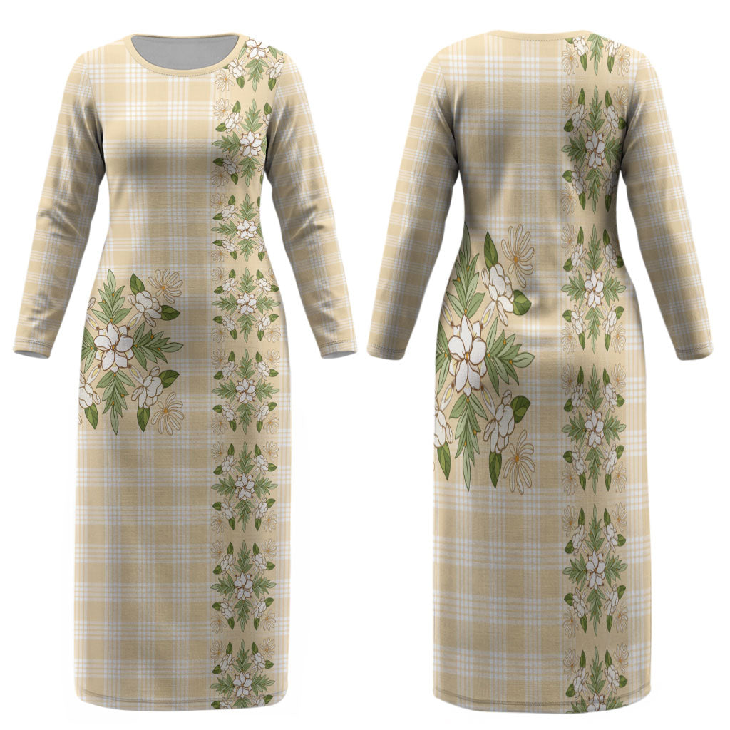 Melemele Ahiahia Hawai'i Palaka Squares Maile Leaf Family Matching Long Sleeve Bodycon Dress and Hawaiian Shirt Flowers Hawaiian Quilt Patterns LT9 Mom's Dress Pastel Yellow - Polynesian Pride