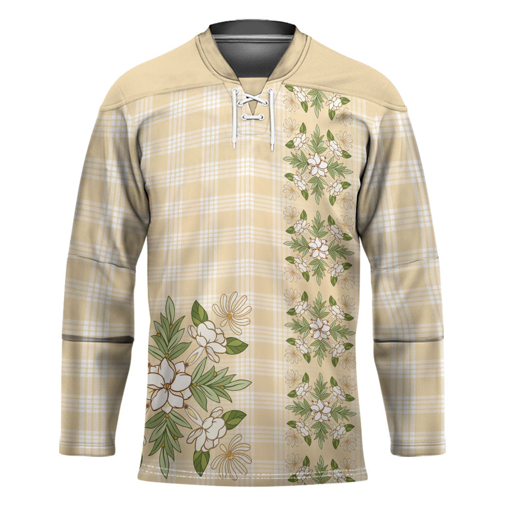Melemele Ahiahia Hawai'i Palaka Squares Maile Leaf Hockey Jersey Flowers Hawaiian Quilt Patterns LT9 Unisex Pastel Yellow - Polynesian Pride
