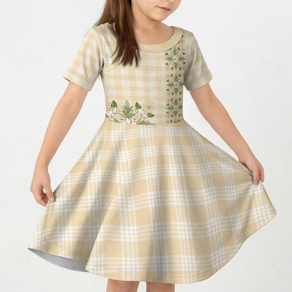 Melemele Ahiahia Hawai'i Palaka Squares Maile Leaf Kid Short Sleeve Dress Flowers Hawaiian Quilt Patterns LT9 KID Pastel Yellow - Polynesian Pride