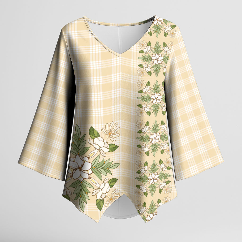 Melemele Ahiahia Hawai'i Palaka Squares Maile Leaf Kimono Sleeve Blouse Flowers Hawaiian Quilt Patterns LT9 Female Pastel Yellow - Polynesian Pride