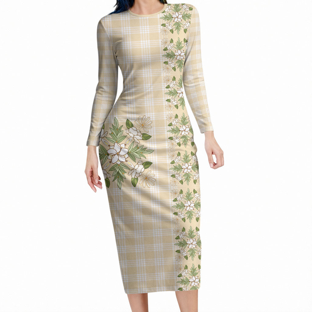 Melemele Ahiahia Hawai'i Palaka Squares Maile Leaf Long Sleeve Bodycon Dress Flowers Hawaiian Quilt Patterns LT9 Long Dress Pastel Yellow - Polynesian Pride