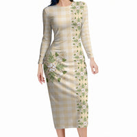 Melemele Ahiahia Hawai'i Palaka Squares Maile Leaf Long Sleeve Bodycon Dress Flowers Hawaiian Quilt Patterns LT9 Long Dress Pastel Yellow - Polynesian Pride