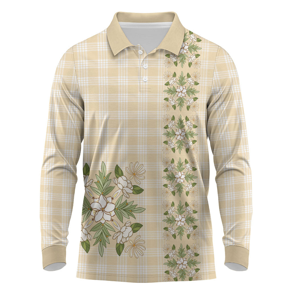 Melemele Ahiahia Hawai'i Palaka Squares Maile Leaf Long Sleeve Polo Shirt Flowers Hawaiian Quilt Patterns LT9 Pastel Yellow - Polynesian Pride