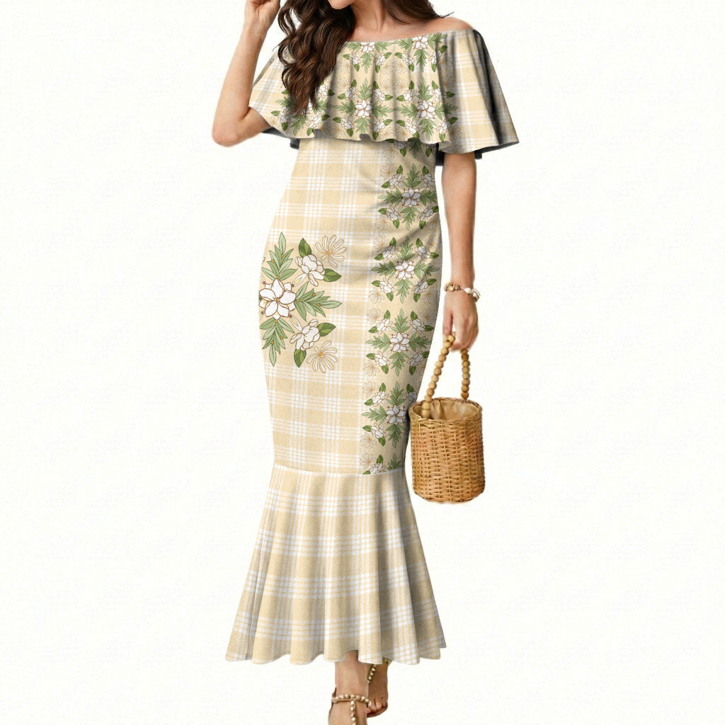 Melemele Ahiahia Hawai'i Palaka Squares Maile Leaf Mermaid Dress Flowers Hawaiian Quilt Patterns LT9 Women Pastel Yellow - Polynesian Pride