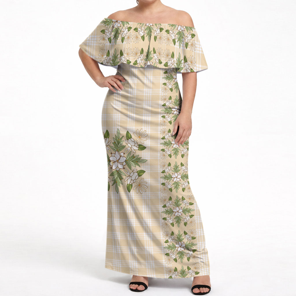 Melemele Ahiahia Hawai'i Palaka Squares Maile Leaf Off Shoulder Maxi Dress Flowers Hawaiian Quilt Patterns LT9 Women Pastel Yellow - Polynesian Pride