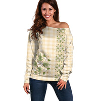 Melemele Ahiahia Hawai'i Palaka Squares Maile Leaf Off Shoulder Sweater Flowers Hawaiian Quilt Patterns LT9 Women Pastel Yellow - Polynesian Pride