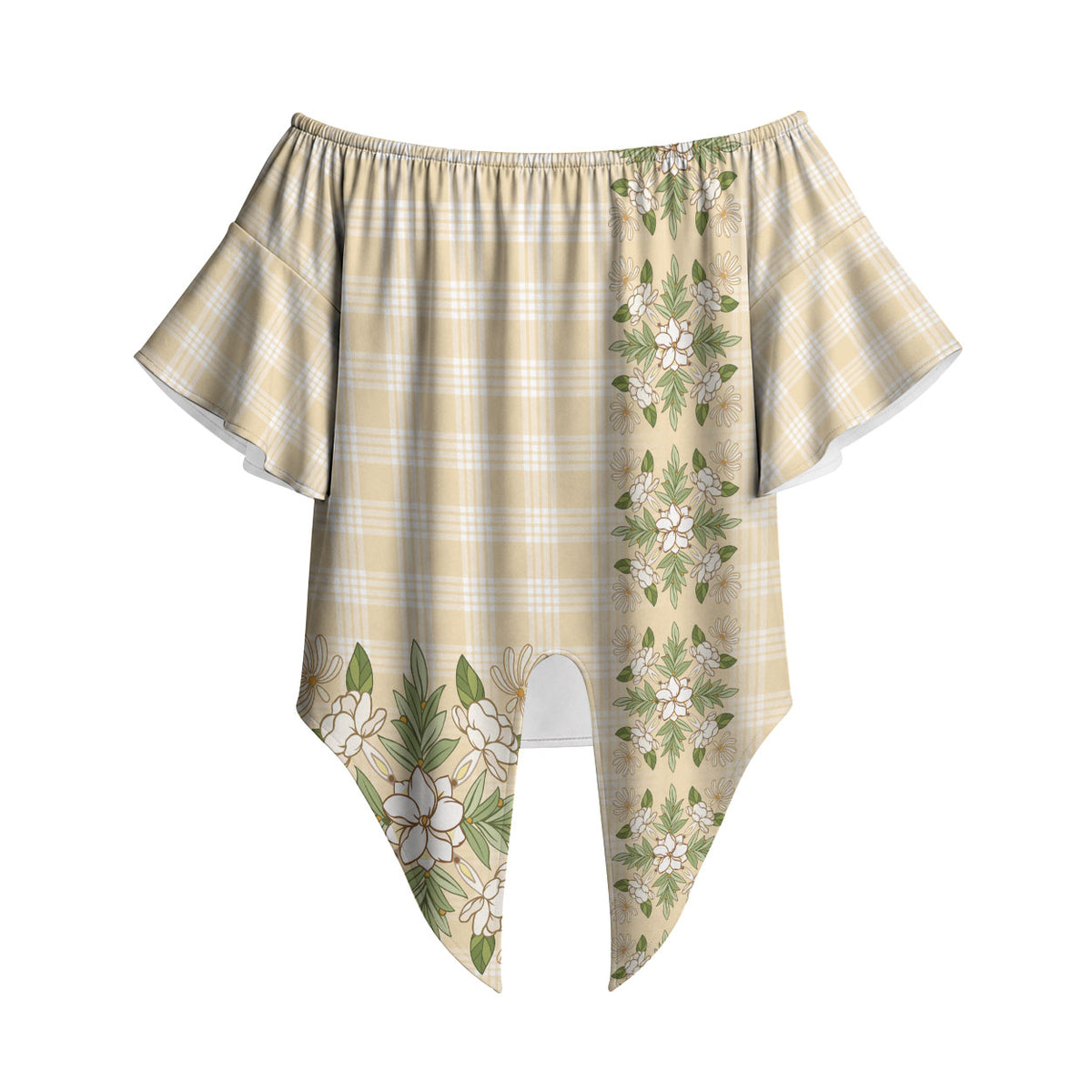 Melemele Ahiahia Hawai'i Palaka Squares Maile Leaf Off Shoulder Wrap Waist Top Flowers Hawaiian Quilt Patterns LT9 Pastel Yellow - Polynesian Pride
