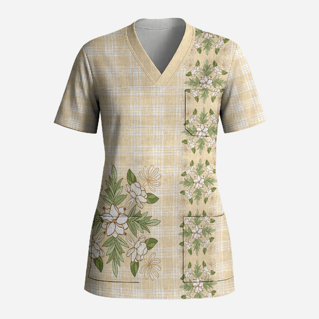 Melemele Ahiahia Hawai'i Palaka Squares Maile Leaf Scrub Top Flowers Hawaiian Quilt Patterns LT9 Adult Pastel Yellow - Polynesian Pride