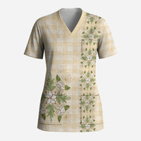 Melemele Ahiahia Hawai'i Palaka Squares Maile Leaf Scrub Top Flowers Hawaiian Quilt Patterns LT9 Adult Pastel Yellow - Polynesian Pride