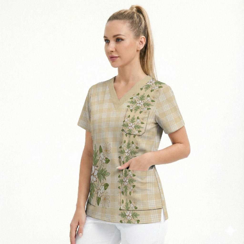 Melemele Ahiahia Hawai'i Palaka Squares Maile Leaf Scrub Top Flowers Hawaiian Quilt Patterns LT9 - Polynesian Pride