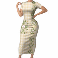 Melemele Ahiahia Hawai'i Palaka Squares Maile Leaf Short Sleeve Bodycon Dress Flowers Hawaiian Quilt Patterns LT9 Long Dress Pastel Yellow - Polynesian Pride