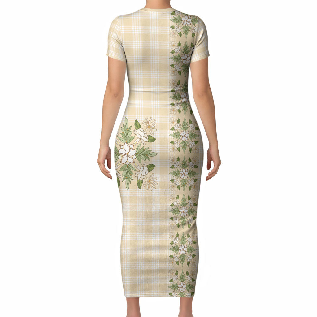 Melemele Ahiahia Hawai'i Palaka Squares Maile Leaf Short Sleeve Bodycon Dress Flowers Hawaiian Quilt Patterns LT9 - Polynesian Pride
