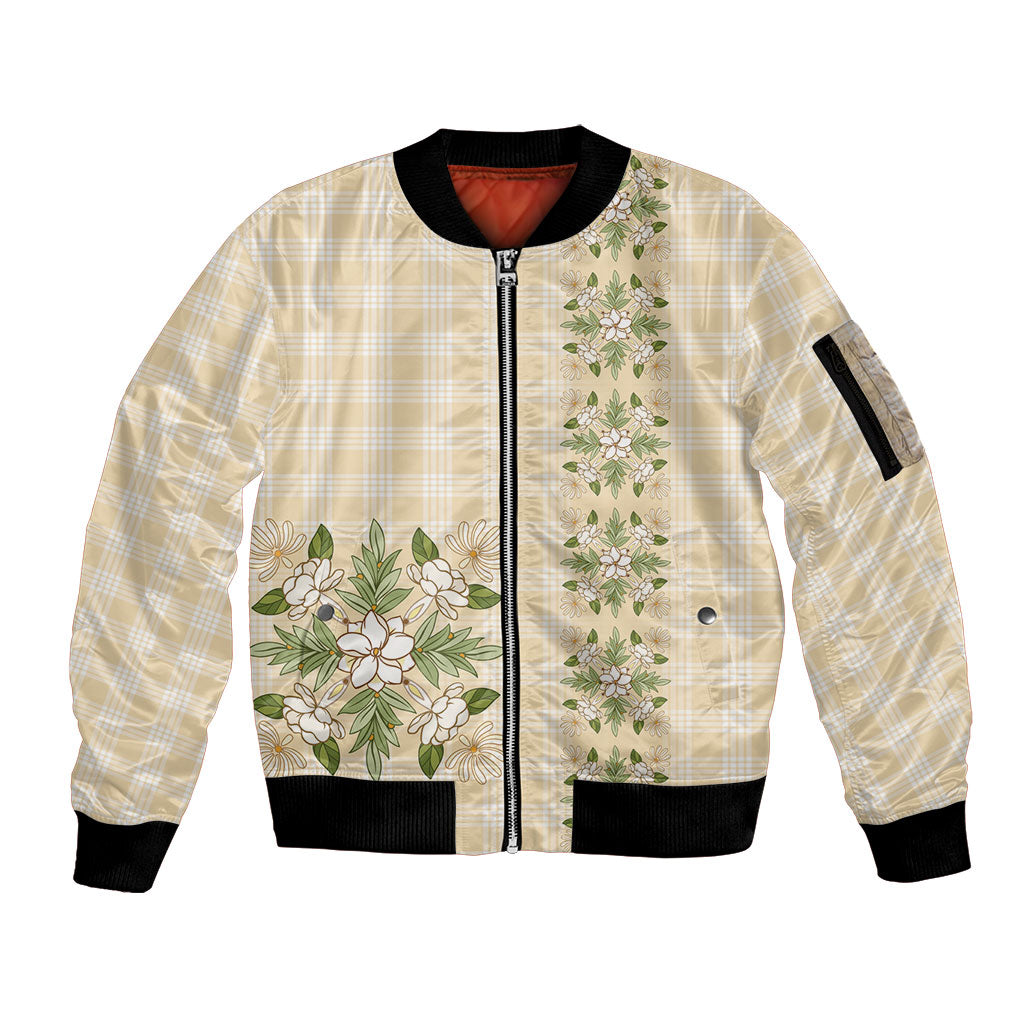 Melemele Ahiahia Hawai'i Palaka Squares Maile Leaf Sleeve Zip Bomber Jacket Flowers Hawaiian Quilt Patterns LT9 Unisex Pastel Yellow - Polynesian Pride