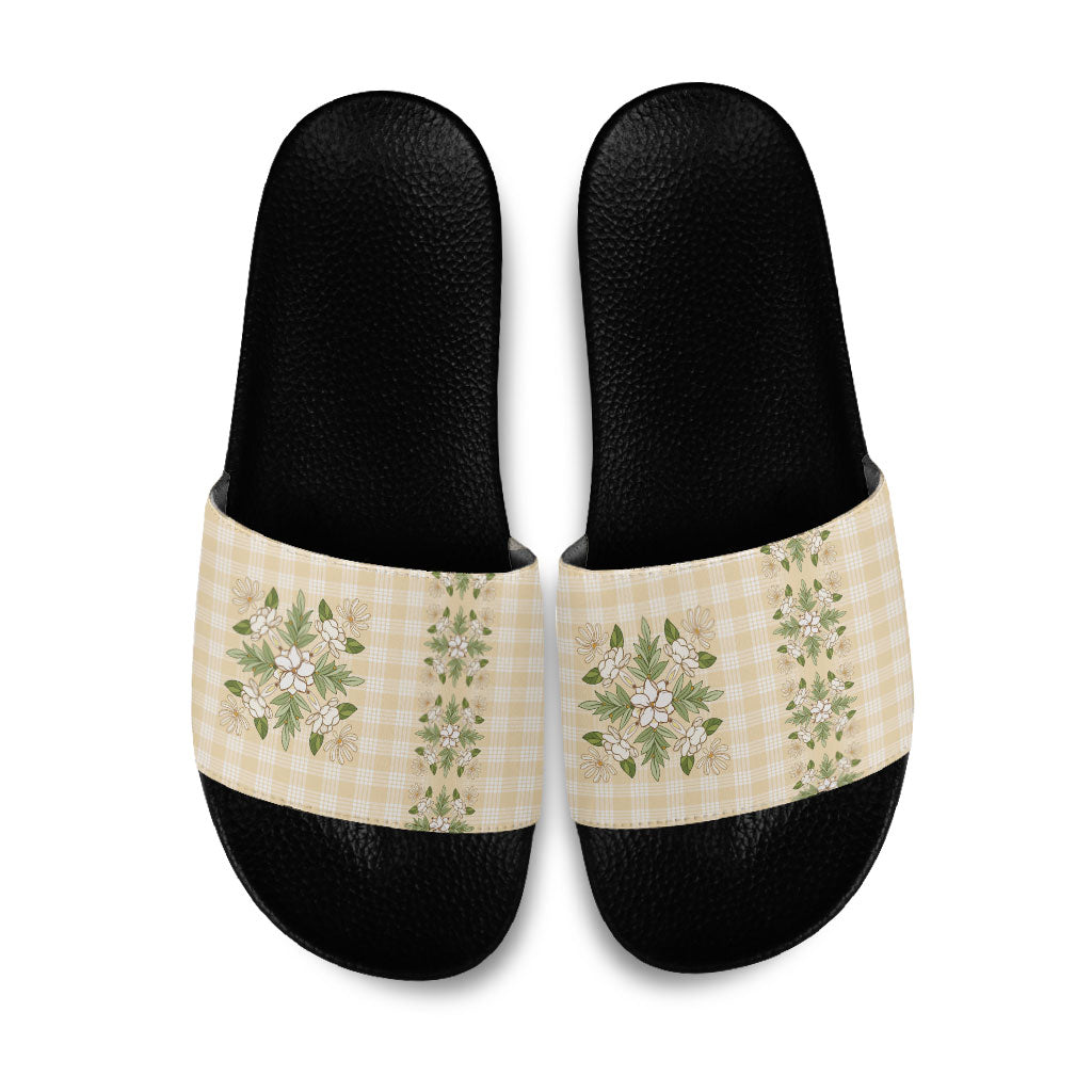 Melemele Ahiahia Hawai'i Palaka Squares Maile Leaf Slide Sandals Flowers Hawaiian Quilt Patterns LT9 Pastel Yellow - Polynesian Pride
