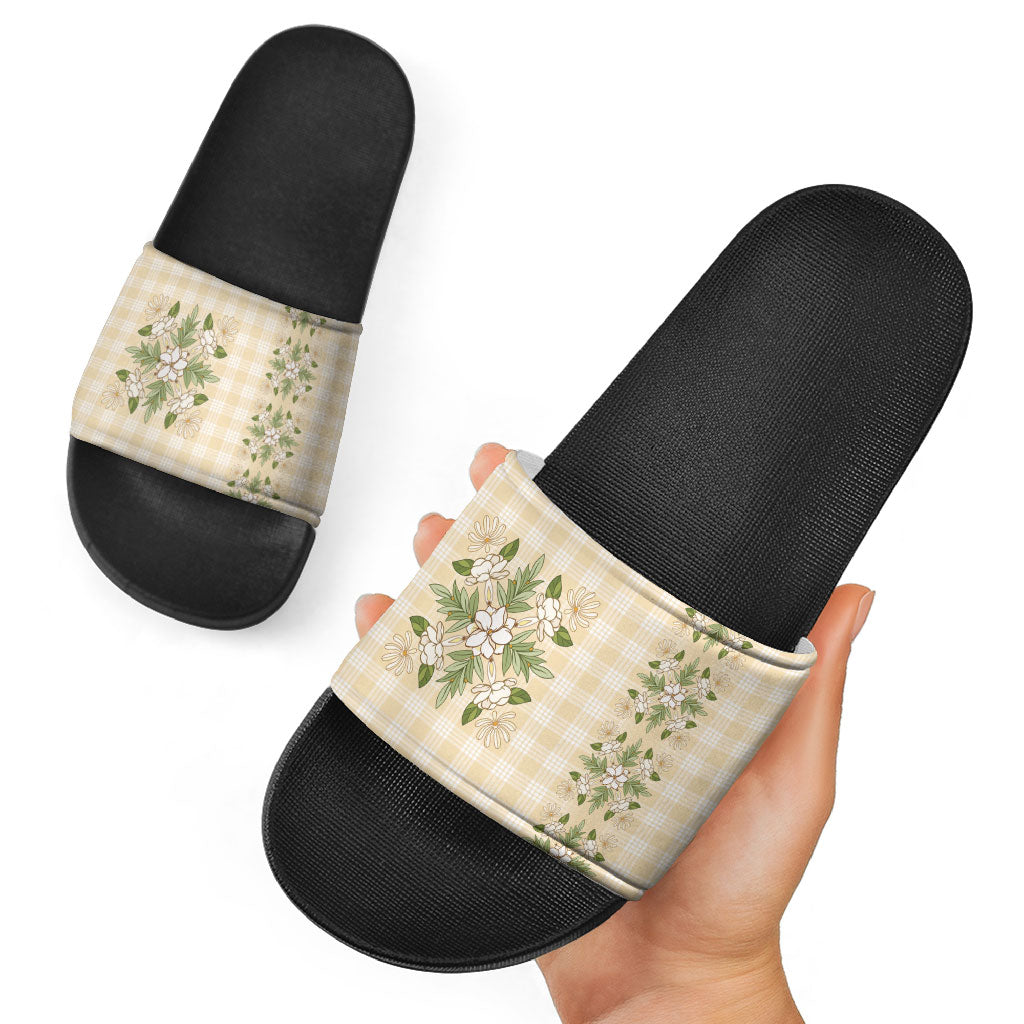 Melemele Ahiahia Hawai'i Palaka Squares Maile Leaf Slide Sandals Flowers Hawaiian Quilt Patterns LT9 - Polynesian Pride