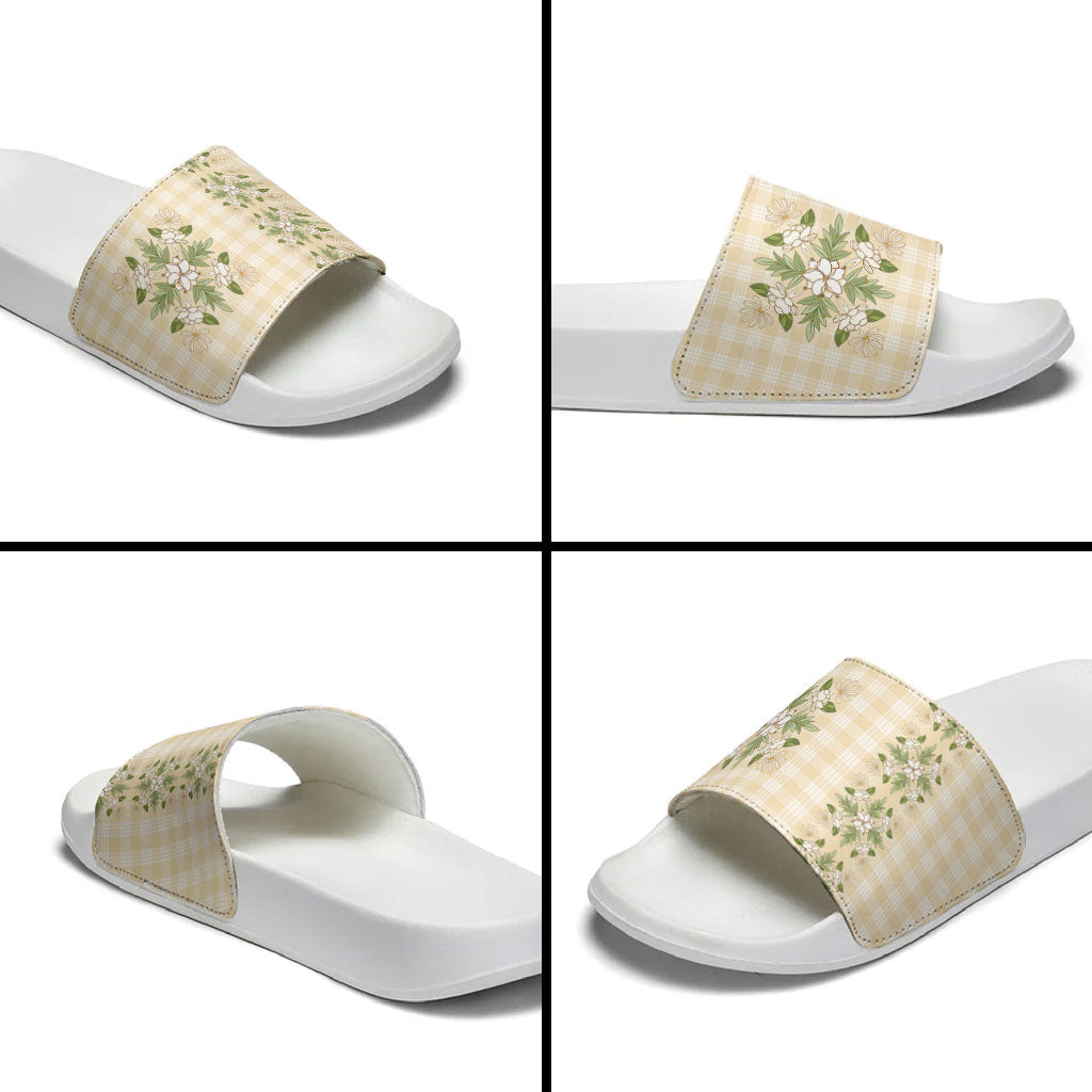 Melemele Ahiahia Hawai'i Palaka Squares Maile Leaf Slide Sandals Flowers Hawaiian Quilt Patterns LT9 - Polynesian Pride