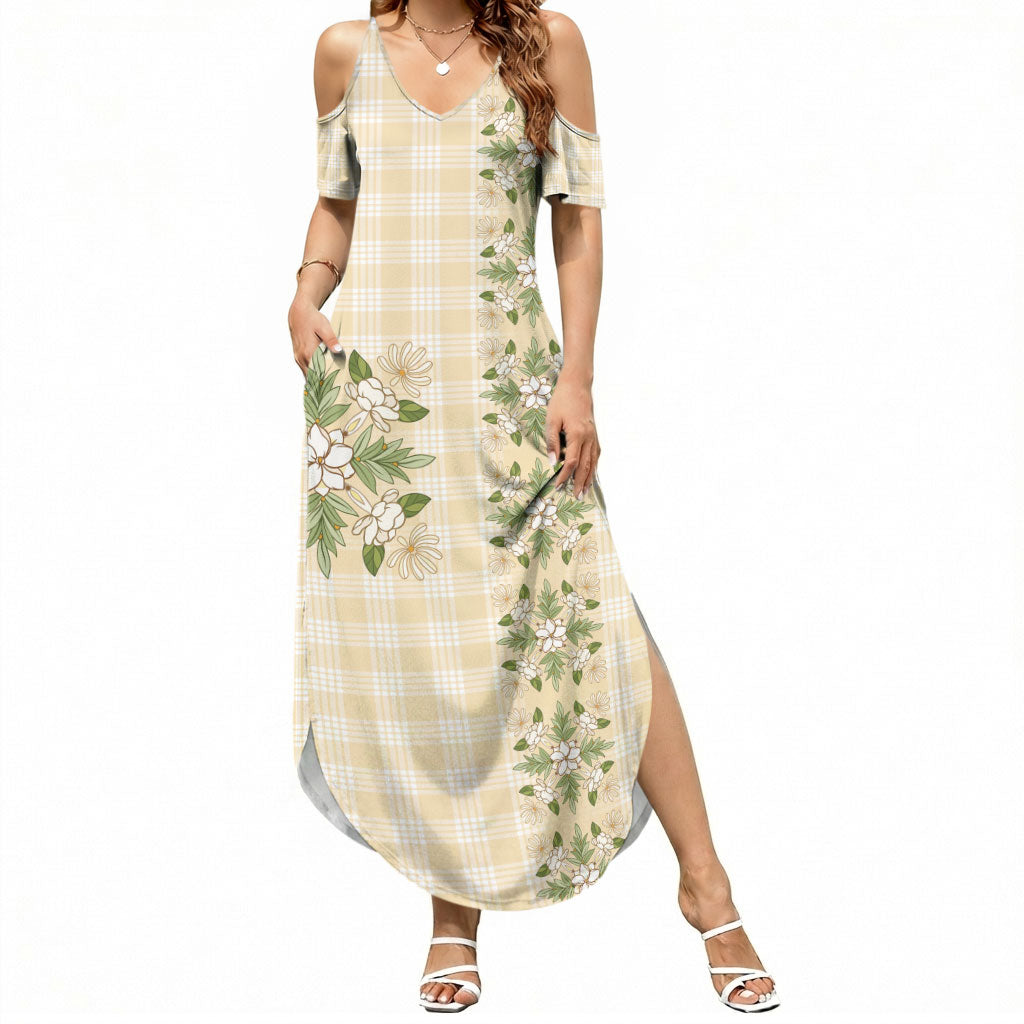 Melemele Ahiahia Hawai'i Palaka Squares Maile Leaf Summer Maxi Dress Flowers Hawaiian Quilt Patterns LT9 Women Pastel Yellow - Polynesian Pride
