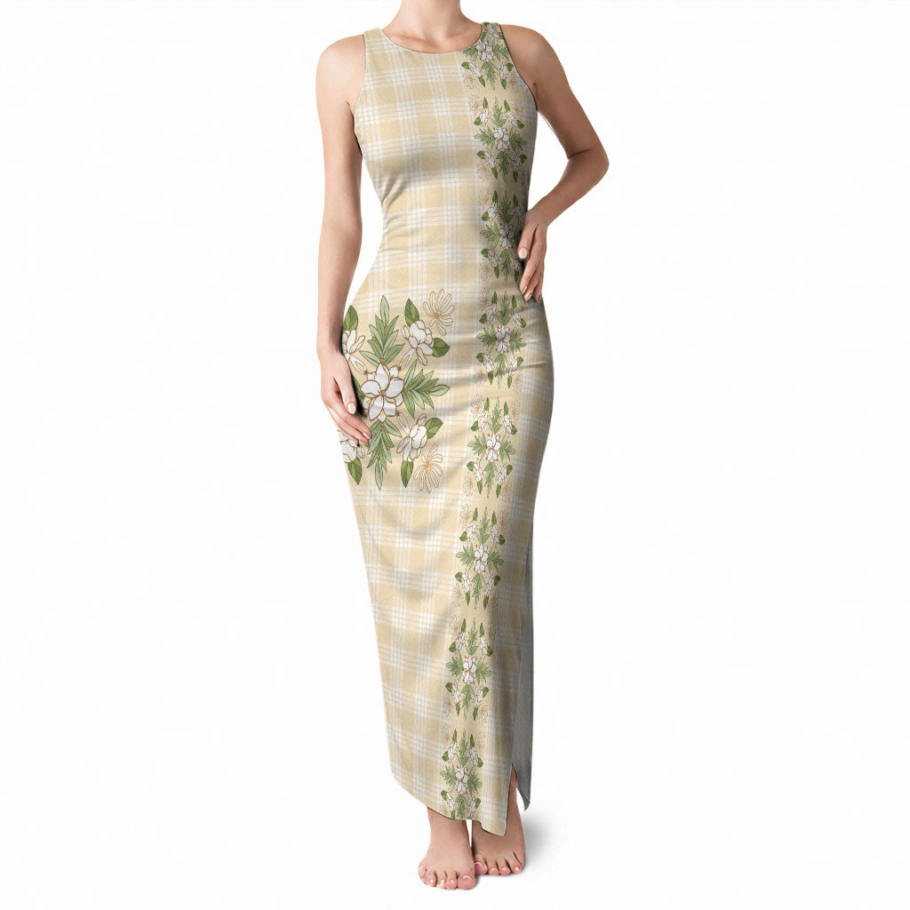 Melemele Ahiahia Hawai'i Palaka Squares Maile Leaf Tank Maxi Dress Flowers Hawaiian Quilt Patterns LT9 Women Pastel Yellow - Polynesian Pride