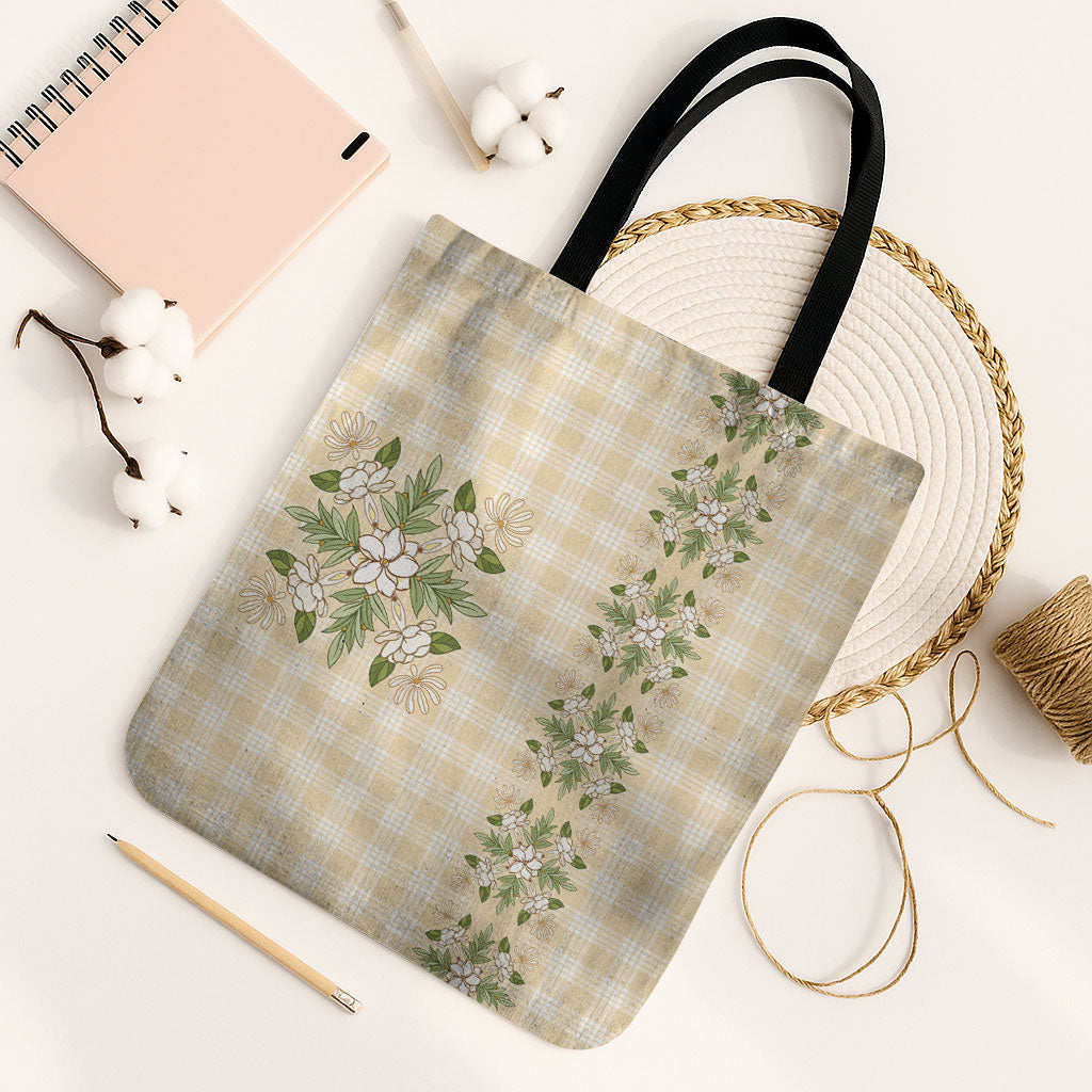 Melemele Ahiahia Hawai'i Palaka Squares Maile Leaf Tote Bag Flowers Hawaiian Quilt Patterns LT9 Black Strap One Size Pastel Yellow - Polynesian Pride