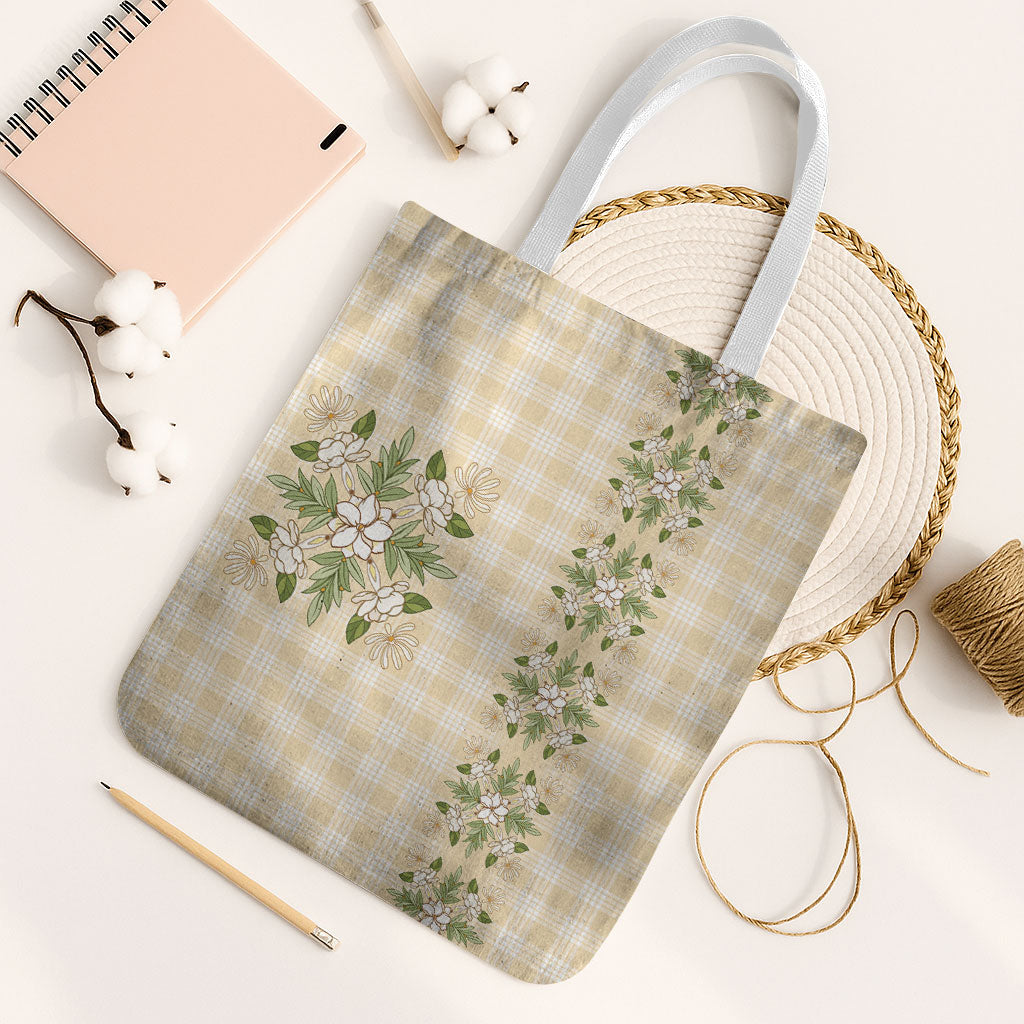 Melemele Ahiahia Hawai'i Palaka Squares Maile Leaf Tote Bag Flowers Hawaiian Quilt Patterns LT9 White Strap One Size Pastel Yellow - Polynesian Pride