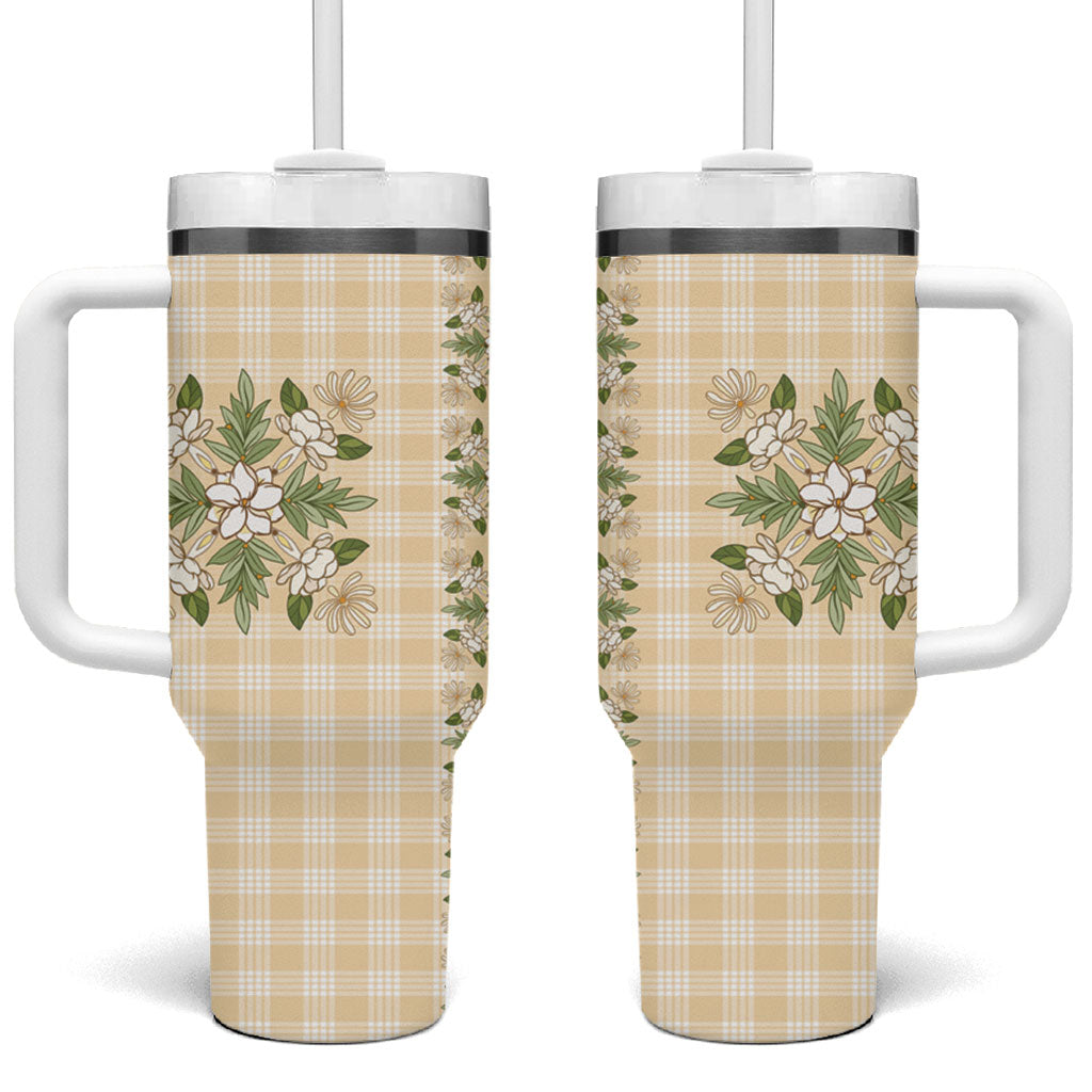 Melemele Ahiahia Hawai'i Palaka Squares Maile Leaf Tumbler With Handle Flowers Hawaiian Quilt Patterns LT9 One Size: 40 oz Pastel Yellow - Polynesian Pride