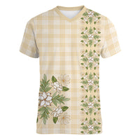 Melemele Ahiahia Hawai'i Palaka Squares Maile Leaf Women V-Neck T-Shirt Flowers Hawaiian Quilt Patterns LT9 Female Pastel Yellow - Polynesian Pride