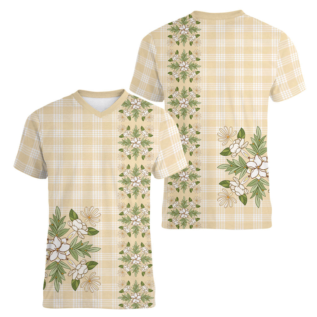Melemele Ahiahia Hawai'i Palaka Squares Maile Leaf Women V-Neck T-Shirt Flowers Hawaiian Quilt Patterns LT9 - Polynesian Pride