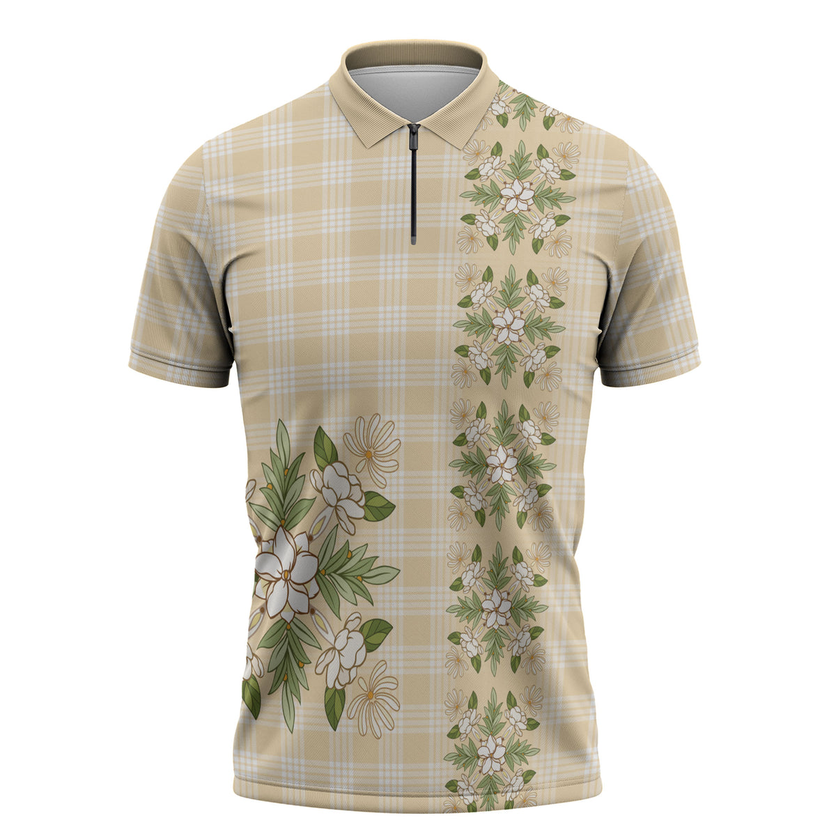 Melemele Ahiahia Hawai'i Palaka Squares Maile Leaf Zipper Polo Shirt Flowers Hawaiian Quilt Patterns LT9 Pastel Yellow - Polynesian Pride
