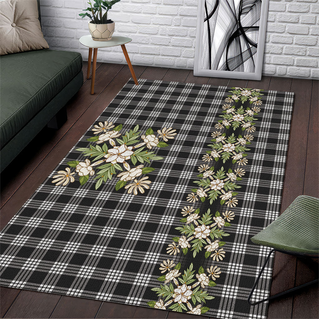Pauli Hawai'i Palaka Squares Maile Leaf Area Rug Flowers Hawaiian Quilt Patterns LT9 Soft Black - Polynesian Pride