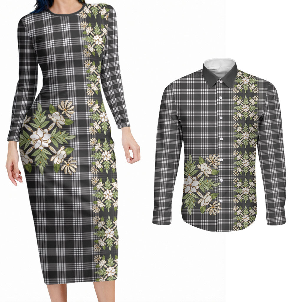 Pauli Hawai'i Palaka Squares Maile Leaf Couples Matching Long Sleeve Bodycon Dress and Long Sleeve Button Shirt Flowers Hawaiian Quilt Patterns LT9 Soft Black - Polynesian Pride