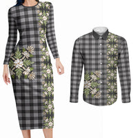 Pauli Hawai'i Palaka Squares Maile Leaf Couples Matching Long Sleeve Bodycon Dress and Long Sleeve Button Shirt Flowers Hawaiian Quilt Patterns LT9 Soft Black - Polynesian Pride