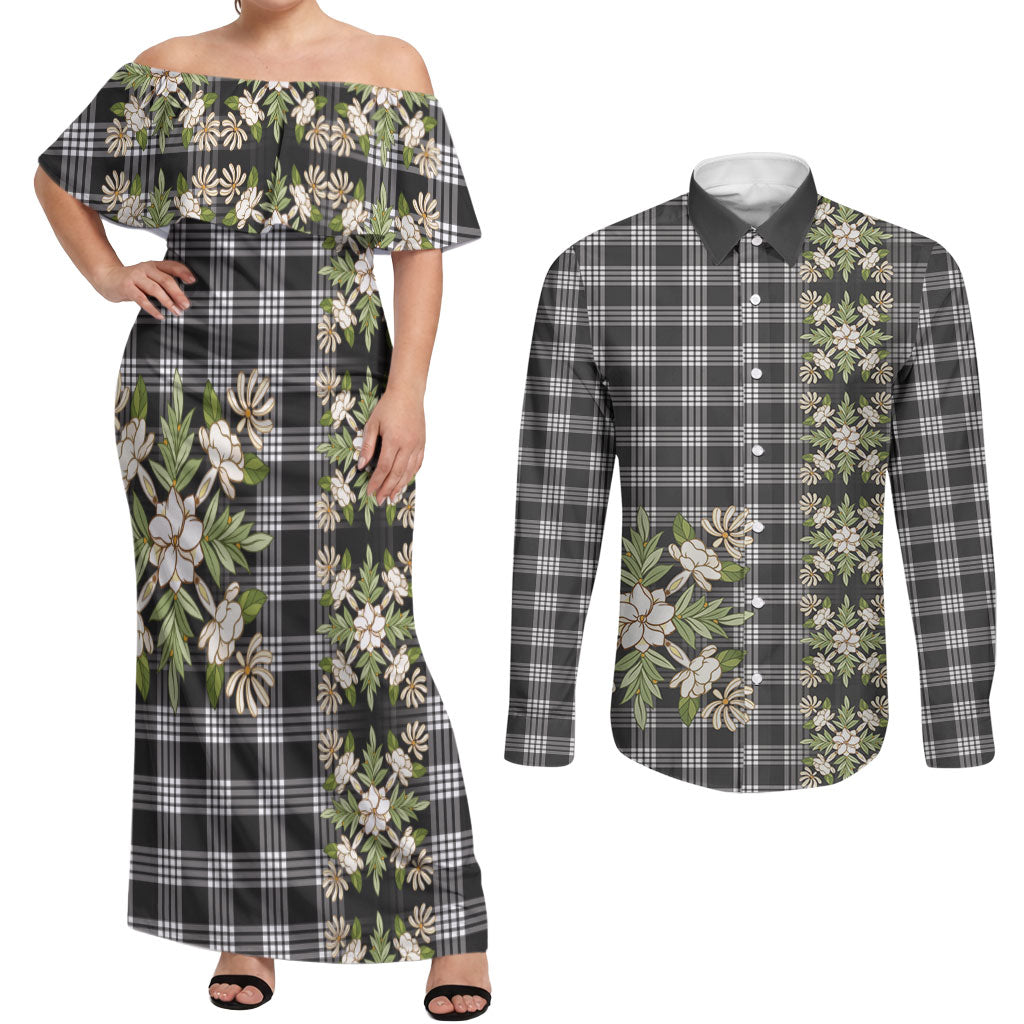 Pauli Hawai'i Palaka Squares Maile Leaf Couples Matching Off Shoulder Maxi Dress and Long Sleeve Button Shirt Flowers Hawaiian Quilt Patterns LT9 Soft Black - Polynesian Pride