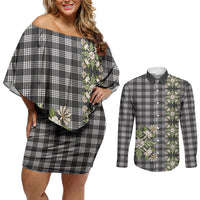 Pauli Hawai'i Palaka Squares Maile Leaf Couples Matching Off Shoulder Short Dress and Long Sleeve Button Shirt Flowers Hawaiian Quilt Patterns LT9 Soft Black - Polynesian Pride