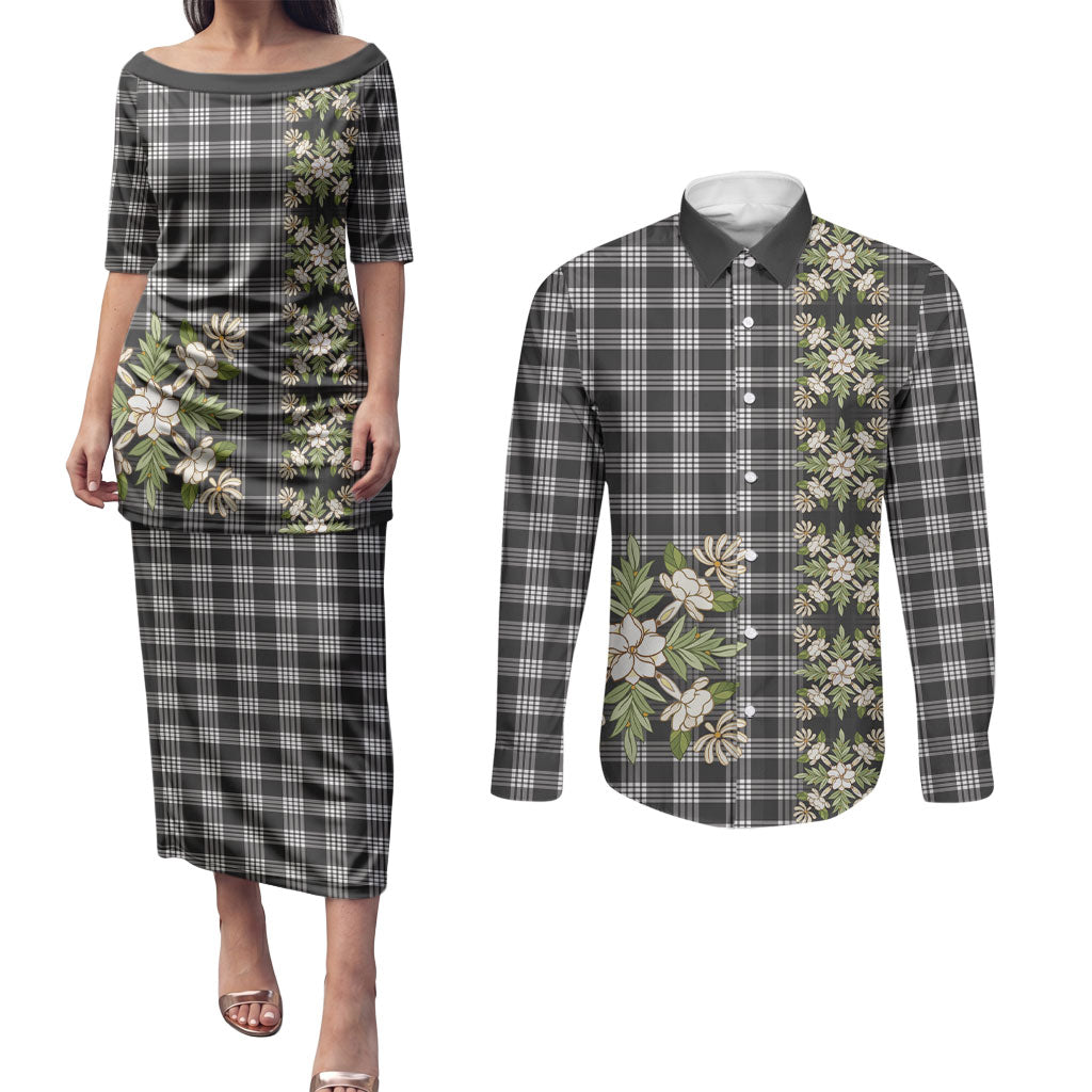 Pauli Hawai'i Palaka Squares Maile Leaf Couples Matching Puletasi and Long Sleeve Button Shirt Flowers Hawaiian Quilt Patterns LT9 Soft Black - Polynesian Pride