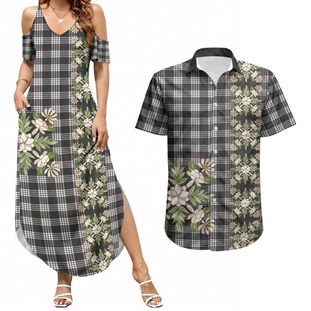 Pauli Hawai'i Palaka Squares Maile Leaf Couples Matching Summer Maxi Dress and Hawaiian Shirt Flowers Hawaiian Quilt Patterns LT9 Soft Black - Polynesian Pride